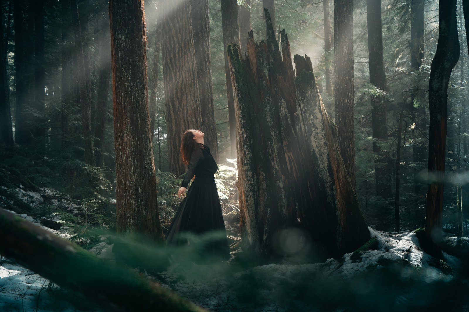 Beautiful-professional-portrait-in-nature-with-woman-with-elegant-dress-in-the-forest-at-sunrise-at-Brandywine-falls-Whistler