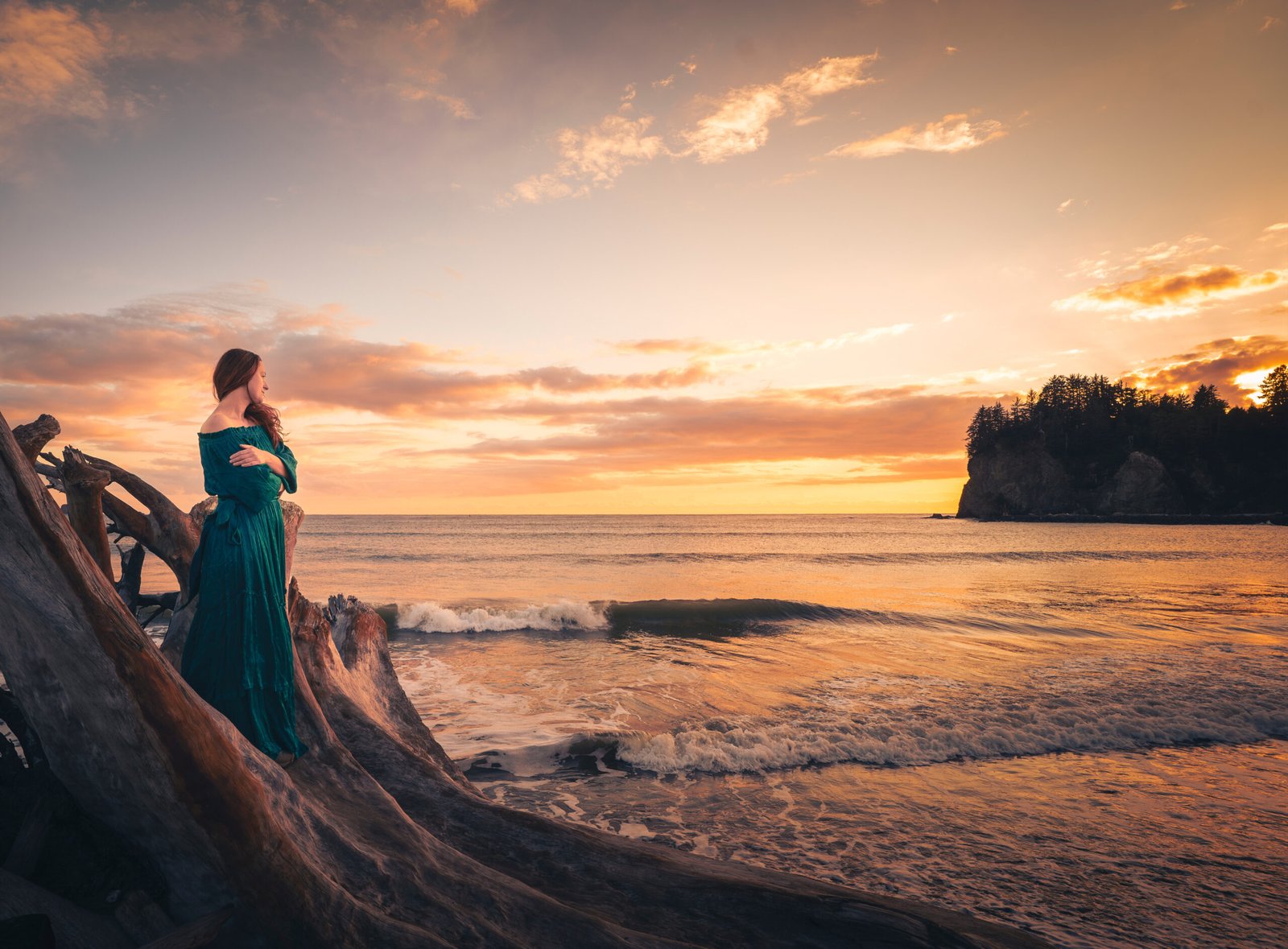 dreamy portrait in nature of a woman standing on a log by the ocean at sunset taken by a profession photographer from vancouver