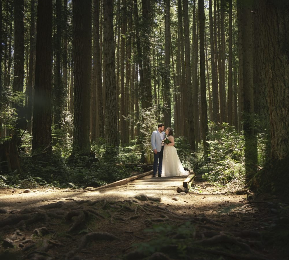 elopement photography session in nature portrait of bride and groom ceremony in the forest